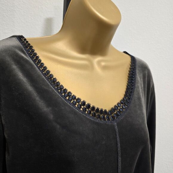 Dark Minimalist Moody Chic Velvet Charcoal Gray Midi Shift Dress Sz Lg Lace Trim - Picture 2 of 8
